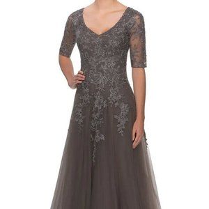 La Femme Gunmetal And Silver Lace & Tulle Gown